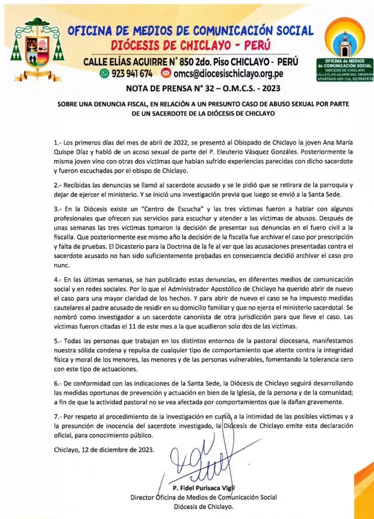 El comunicado de la dicesis peruana