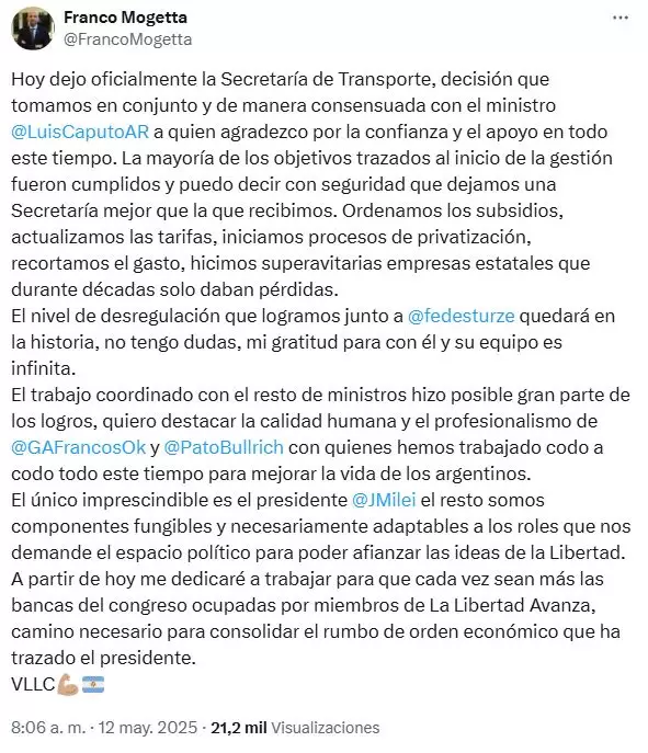 Así se despidió Mogetta de su cargo