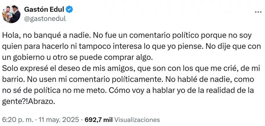 Gastn Edul neg haber defendido al gobierno libertario.