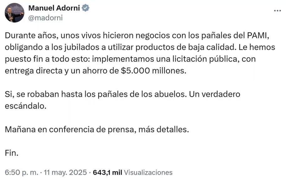 El tuit donde Manuel Adorni anunciaba el fin de un curro que iba a ser 20% ms barato que el anterior.