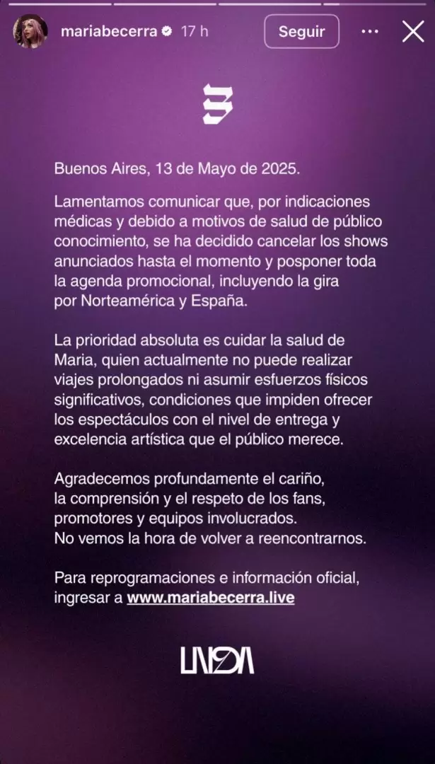 María Becerra sacó un comunicado para cancelar sus próximos show