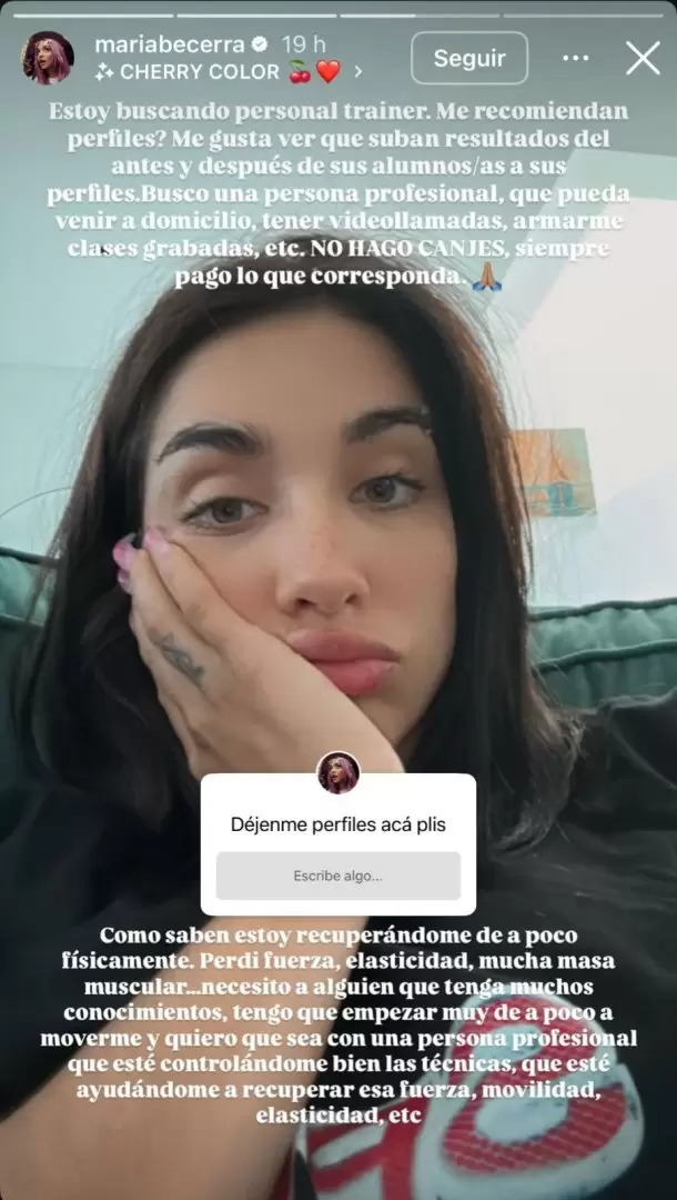 María Becerra busca entrenador para recuperar la fuerza y elasticidad que perdió debido a su última intervención quirúrgica