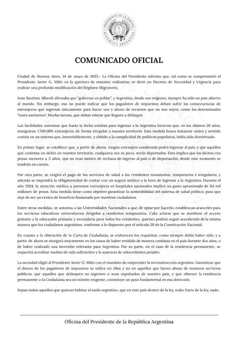 El comunicado oficial con los cambios en la política migratoria.