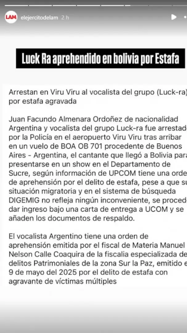 La publicación de El Ejército de LAM por la presunta detención de Luck Ra.