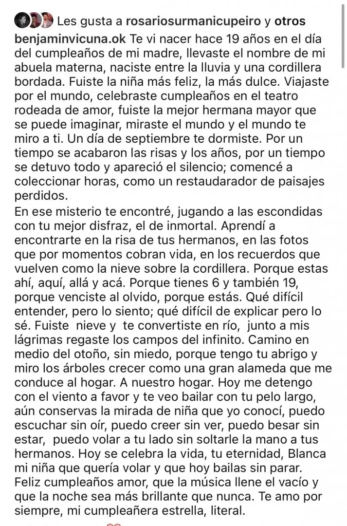 Blanca Vicuña Ardohain y el posteo de su padre en Instagram.