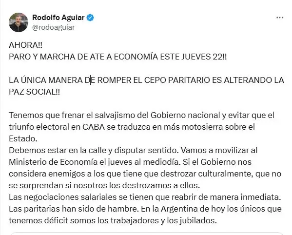 El posteo del Secretario General de ATE Nacional, Rodolfo Aguiar