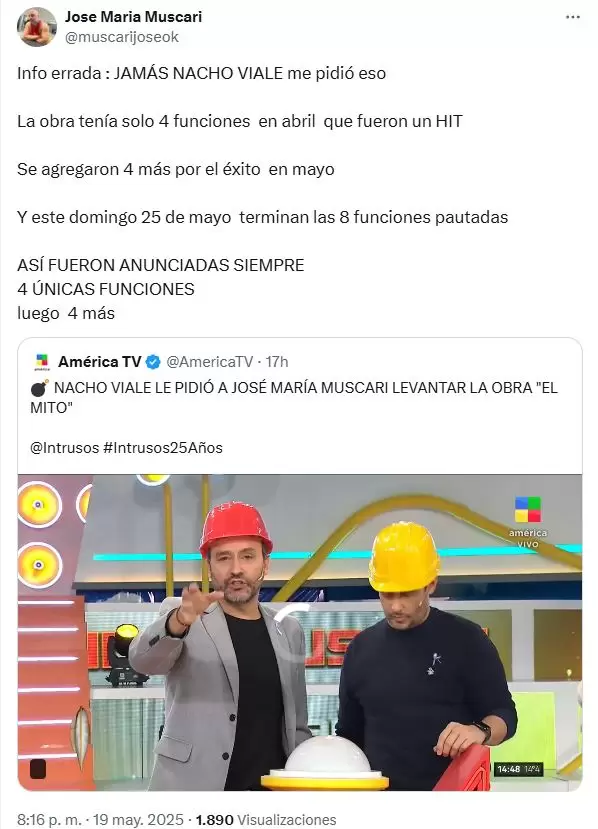El posteo de Muscari desmintiendo a los conductores de Intrusos
