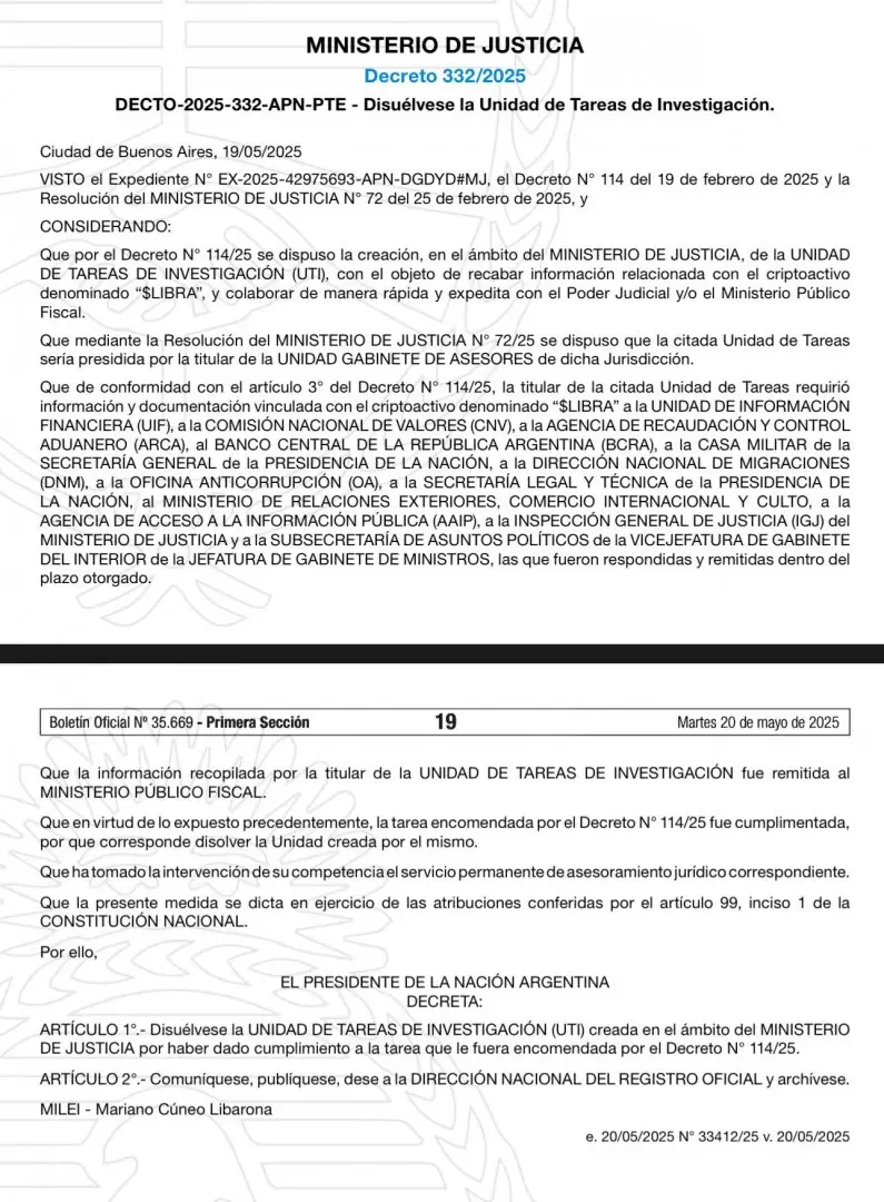 Milei eliminó por decreto la unidad investigadora por $Libra