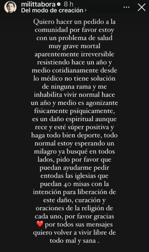 El preocupante pedido de ayuda de Militta Bora en sus redes sociales.