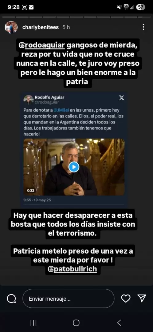 La amenaza que recibió Aguiar