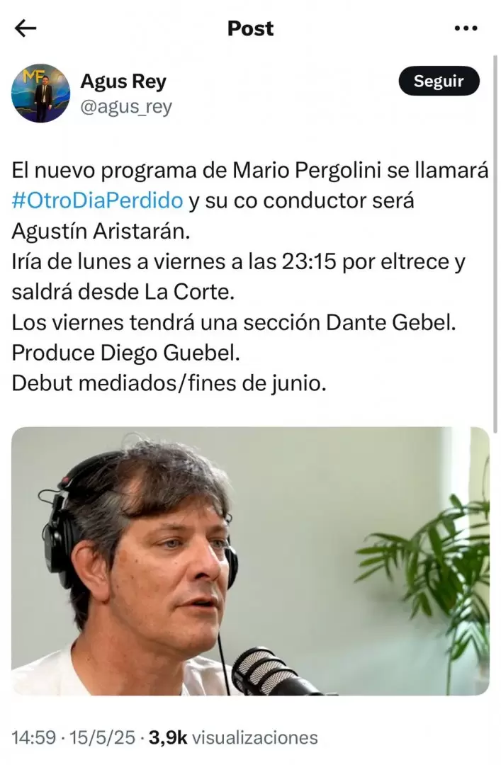 Agustín Rey confirmó cómo se llamará el programa de Mario Pergolini en El Trece