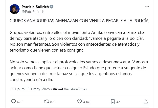 El posteo completo de la Ministra de Seguridad