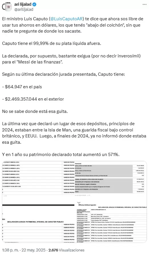 El tuit de Ari Lijalad para defender a su colega Jon Heguier y cuestionar a Luis "Toto" Caputo.