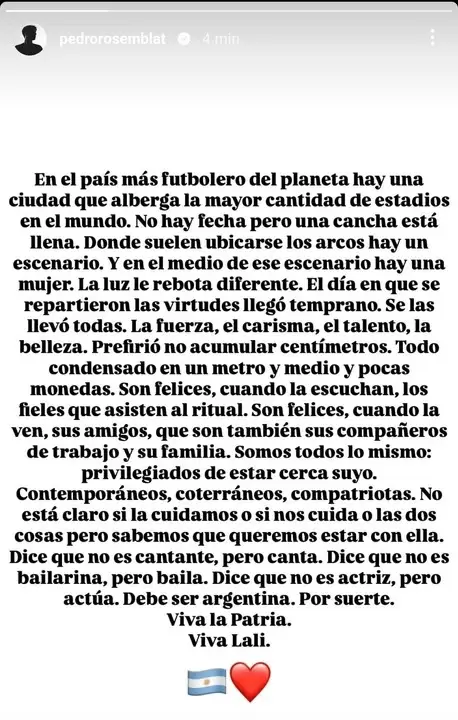 Las románticas palabras de Pedro Rosemblat a Lali