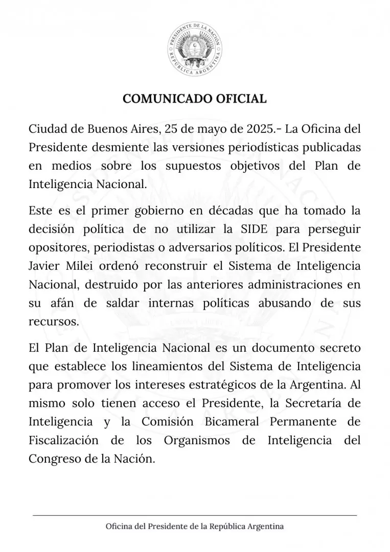 El comunicado de la Oficina del Presidente para desmentir la acusación de Hugo Alconada Mon.
