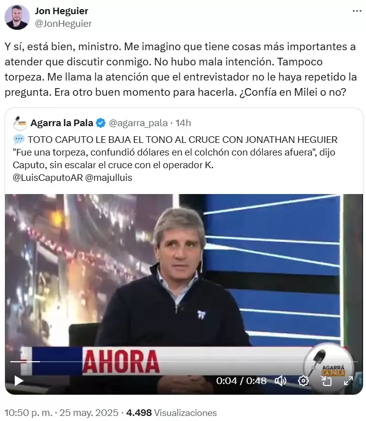 Jon Heguier y su publicación para preguntarle a Luis Caputo si confía en el Gobierno nacional.