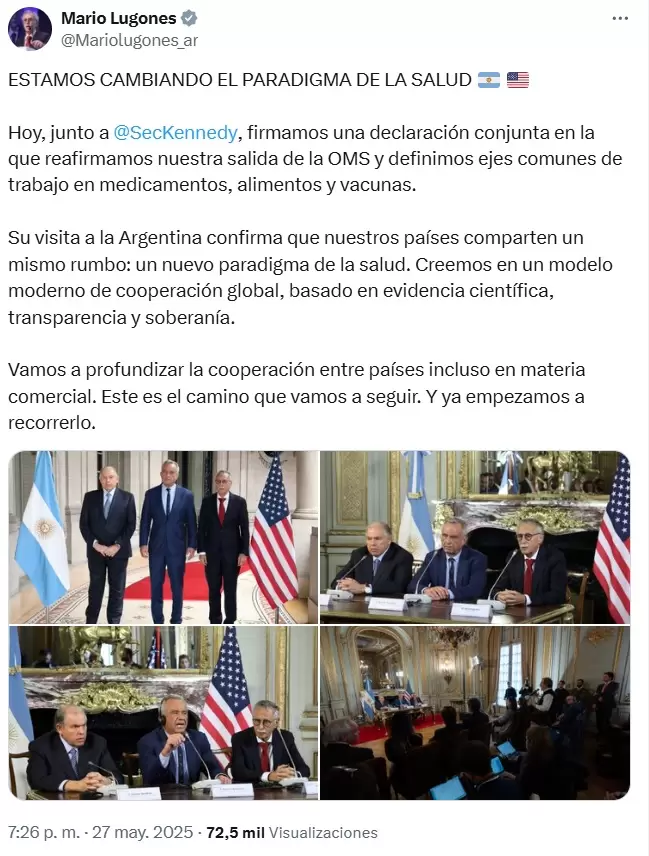 La publicación del ministro de Salud, Mario Lugones.
