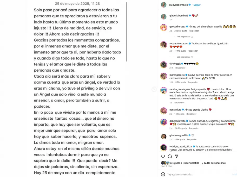 El texto con el que Gladys "La Bomba Tucumana" despidió a su fallecido novio Luciano Ojeda.
