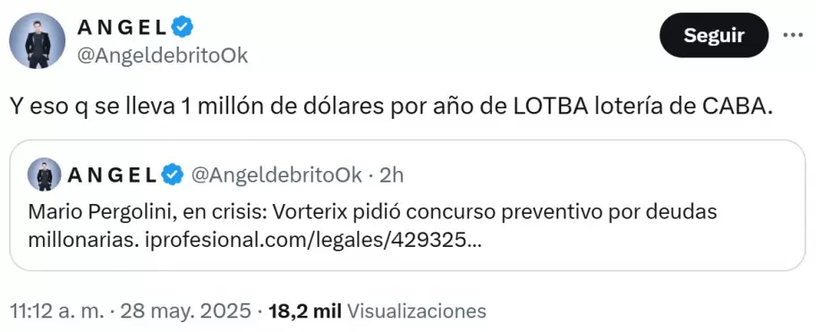 El tuit de Ángel De Brito contra Mario Pergolini.