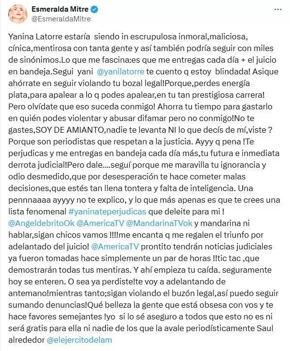 El posteo furioso de Esmeralda