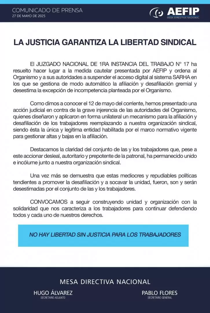La cautelar que logró AEFIP