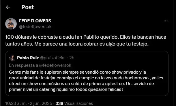 Fede Flowers desenmascaró a Pablito Ruiz y el mediático le respondió con todo