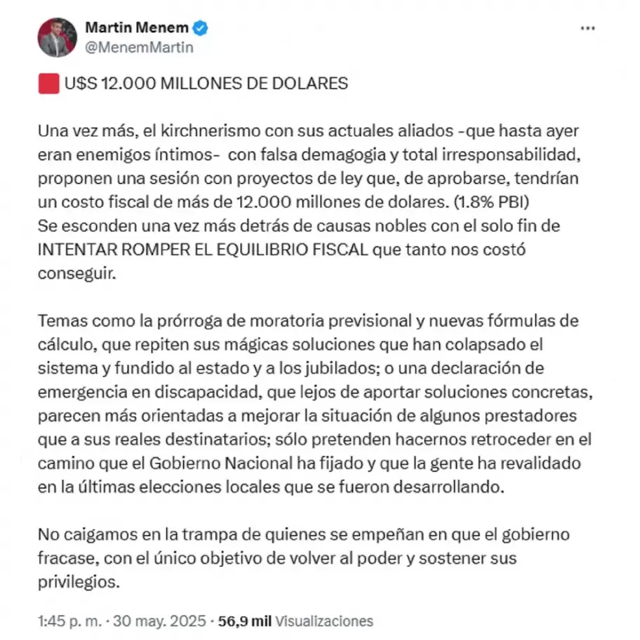 Las advertencias de Martín Menem