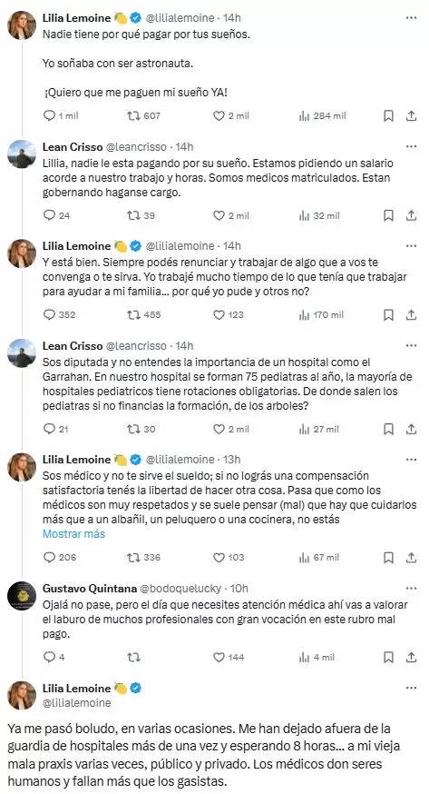 El ida y vuelta en X (ex Twitter) de Lilia Lemoine con usuarios, tras asegurar que los médicos se equivocaron de carrera.