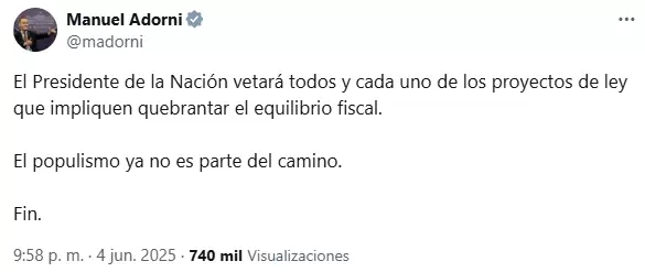 El posteo de Adorni contra los jubilados y personas con discapacidad