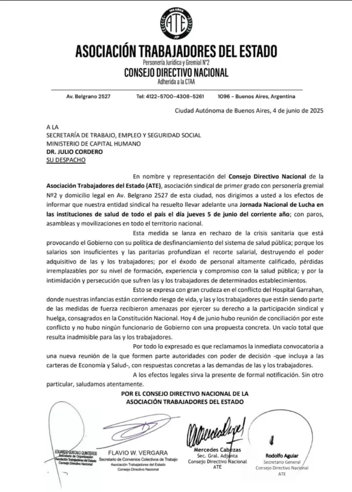 El comunicado de ATE sobre la convocatoria al paro en todos los hospitales del país.