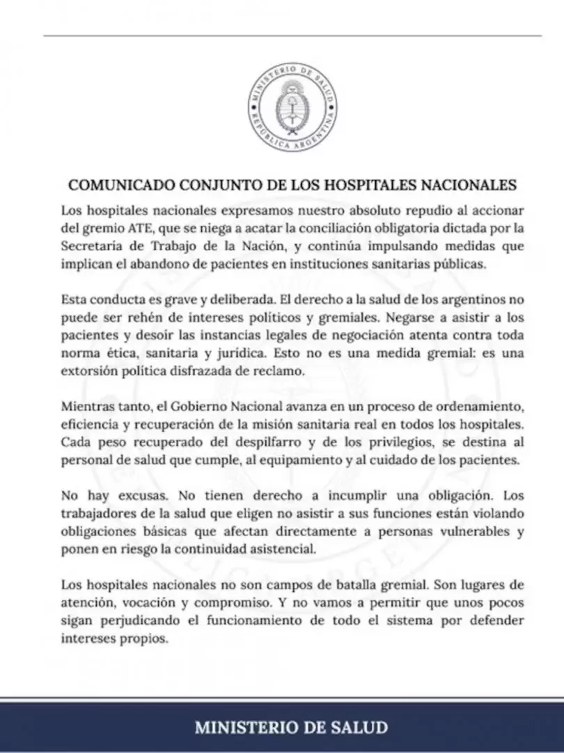 El comunicado del gobierno libertario contra la medida de parar en todos los hospitales nacionales de ATE.