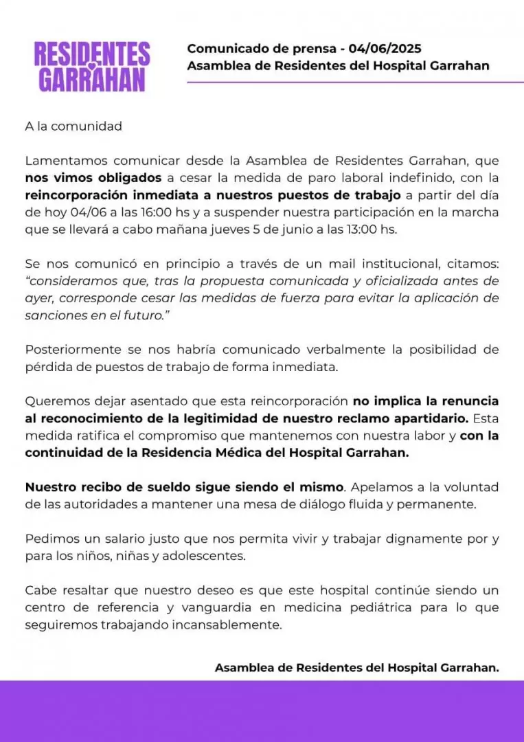 El comunicado de los residentes del Hospital Garrahan.