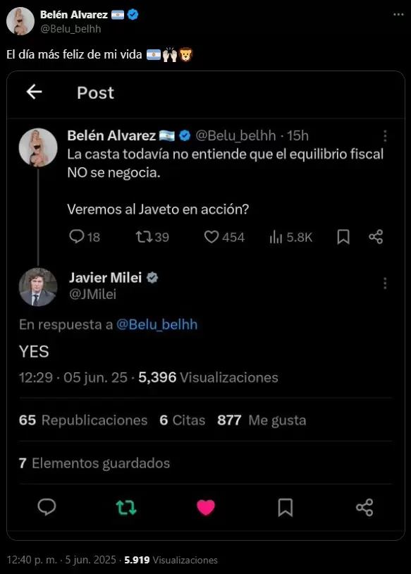 La celebración de la influencer Belén Álvarez tras la respuesta del presidente Javier Milei, quien confirmó que vetará el aumento a los jubilados.