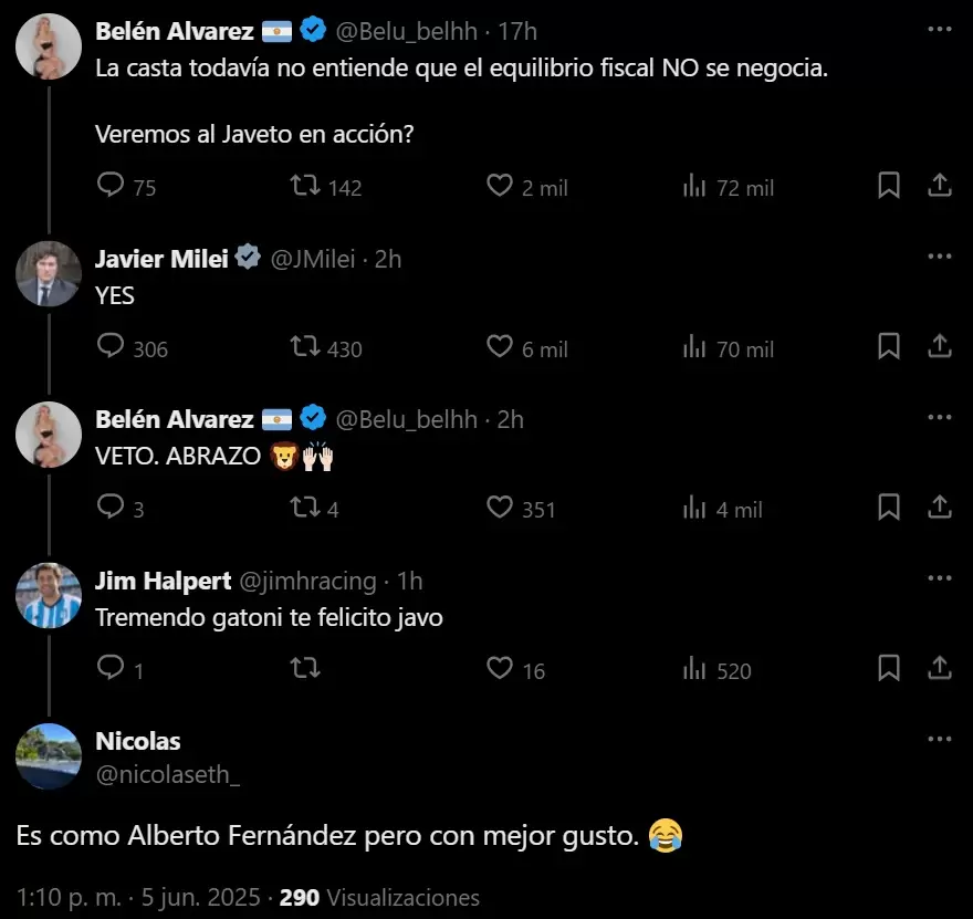 Los comentarios machistas de los seguidores que malinterpretaron la respuesta del presidente Milei a la influencer Belén Álvarez.