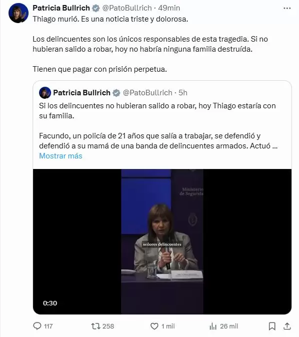 El insensible posteo de Patricia Bullrich, minutos después de la muerte de Thiago