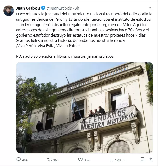 El posteo con el que Grabois anunci la toma del Instituto Juan Domingo Pern