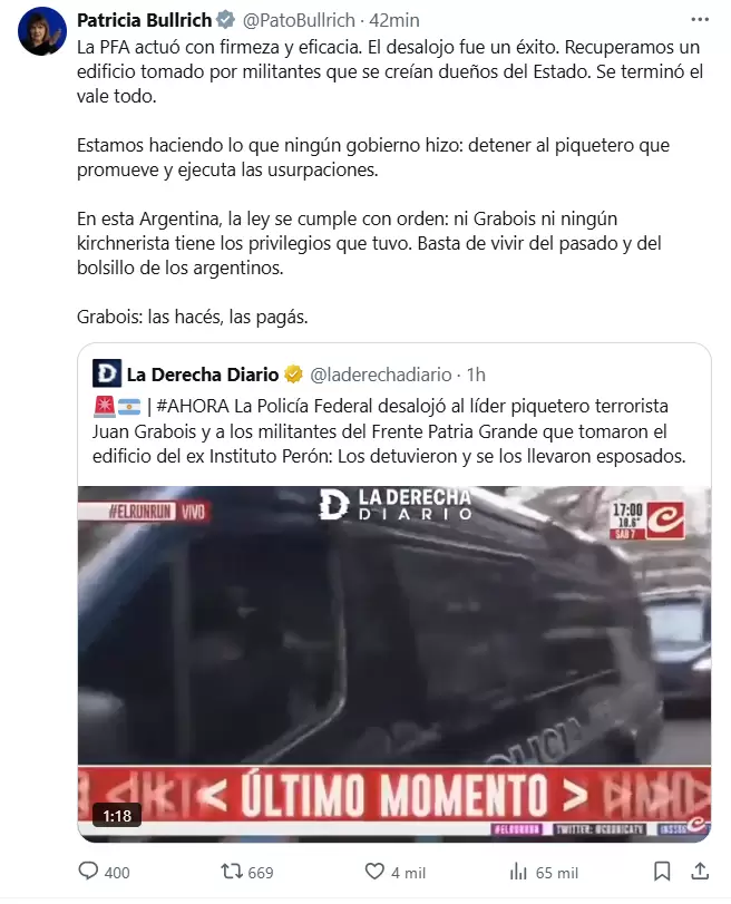 El incendiario posteo de Patricia Bullrich