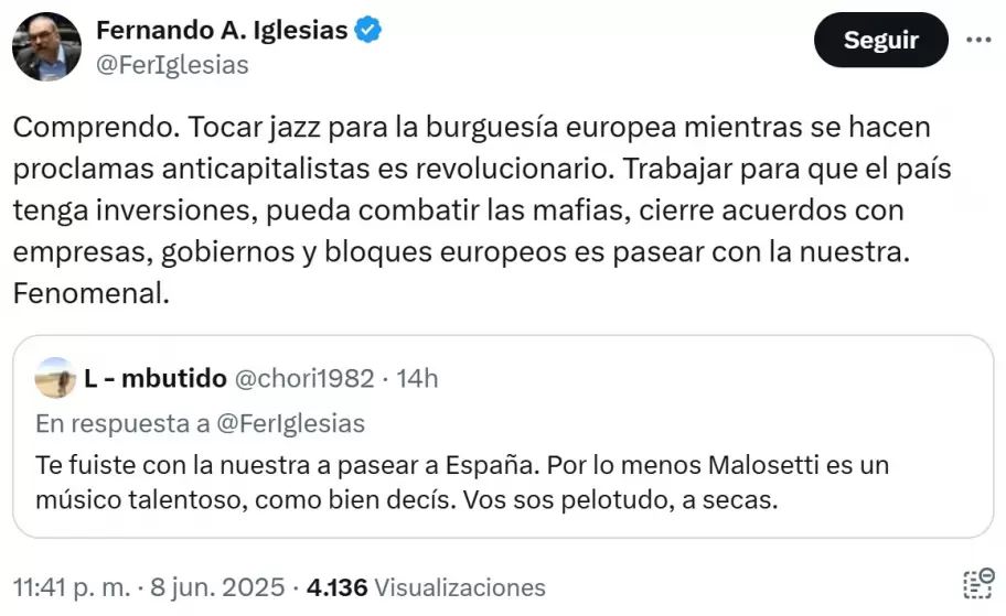 Los provocadores tuits de Fernando Iglesias tras autocancelarse de un show de Javier Malosetti en Madrid.