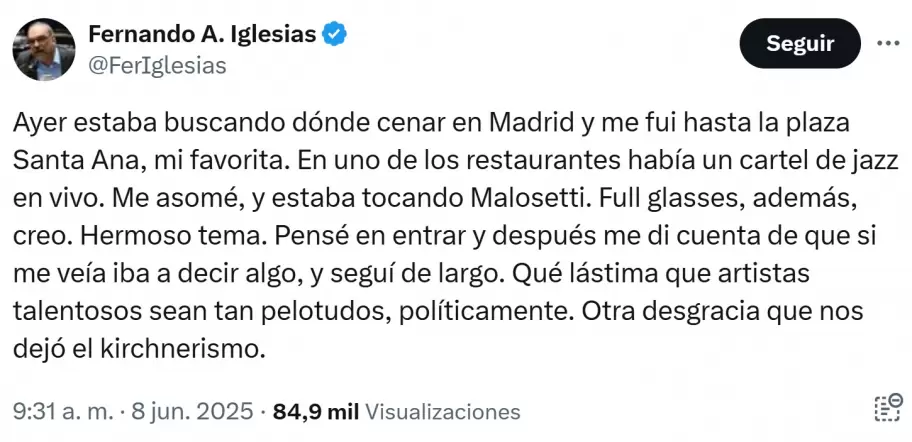Los provocadores tuits de Fernando Iglesias tras autocancelarse de un show de Javier Malosetti en Madrid.