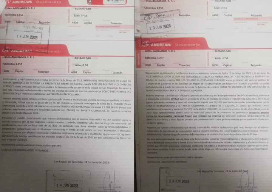 Las cartas documento de los empresarios que protestaron contra Bizland en 2023.