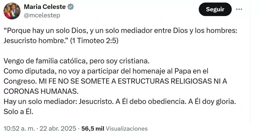 La diputada libertaria María Celeste Ponce y su negativa a participar del homenaje al Papa Francisco.