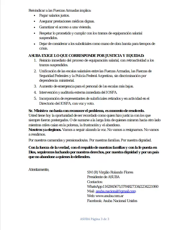 La incendiaria carta de ASUBA firmada por su presidente, Vigilio Flores
