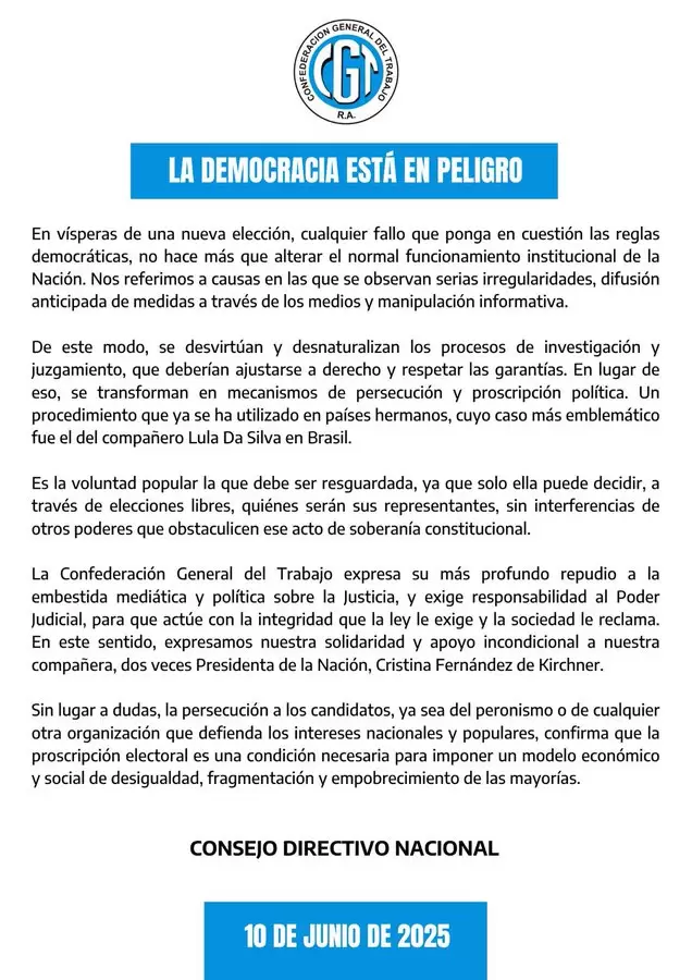 El comunicado de la CGT en defensa de Cristina Fernández de Kirchner y la democracia.