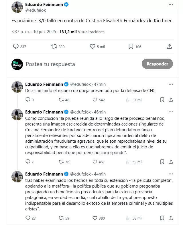 El hilo de X que publicó el periodista oficialista