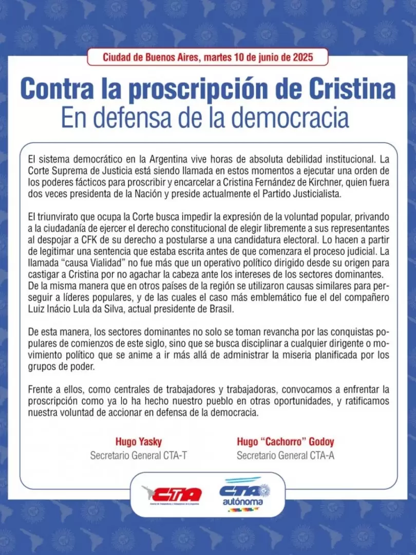 Las dos CTA se unieron para un comunicado en común contra la proscripción a CFK.