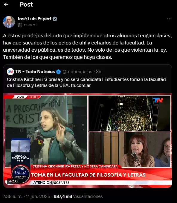 El violento tweet de José Luis Espert tras la toma de Filosofías y Letras