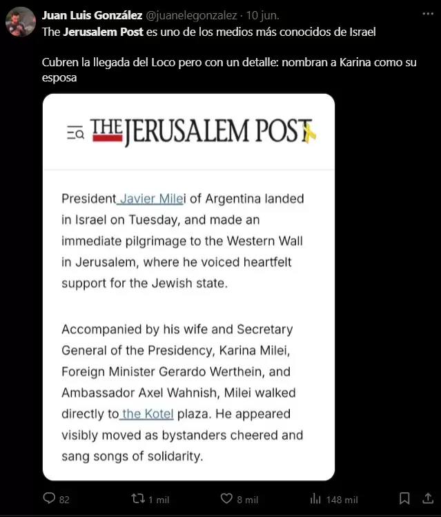 La publicación de Juan Luis González sobre el error de Jerusalem Post.