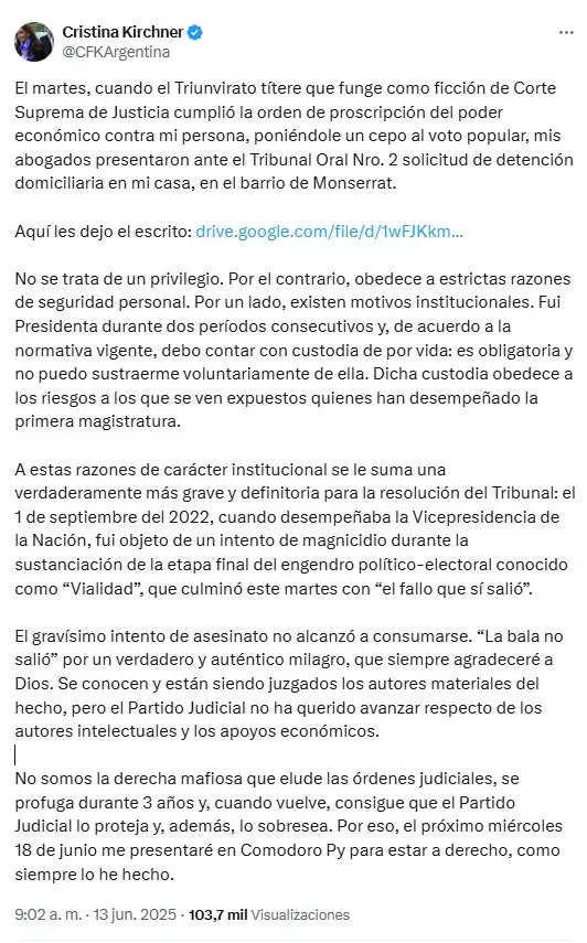 El posteo de Cristina Kirchner tras el fallo en su contra