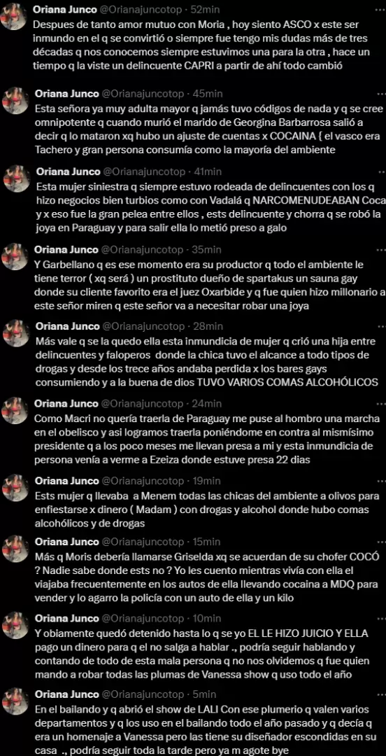 Las fuertes acusaciones de Oriana Junco contra Moria Casán.