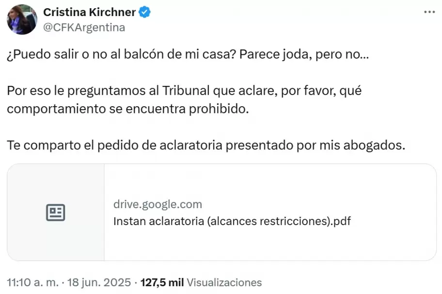 Cristina Fernndez de Kirchner comparti la aclaratoria que presentaron sus defensores en relacin a sus salidas al balcn.